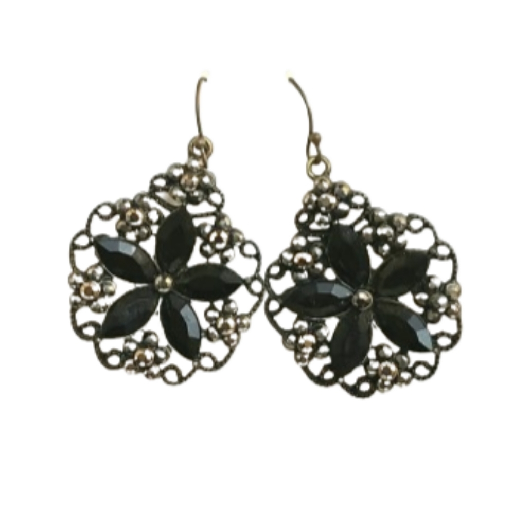 Black Rhinestone Flower Center with filligree border Dangle Earrings 0036